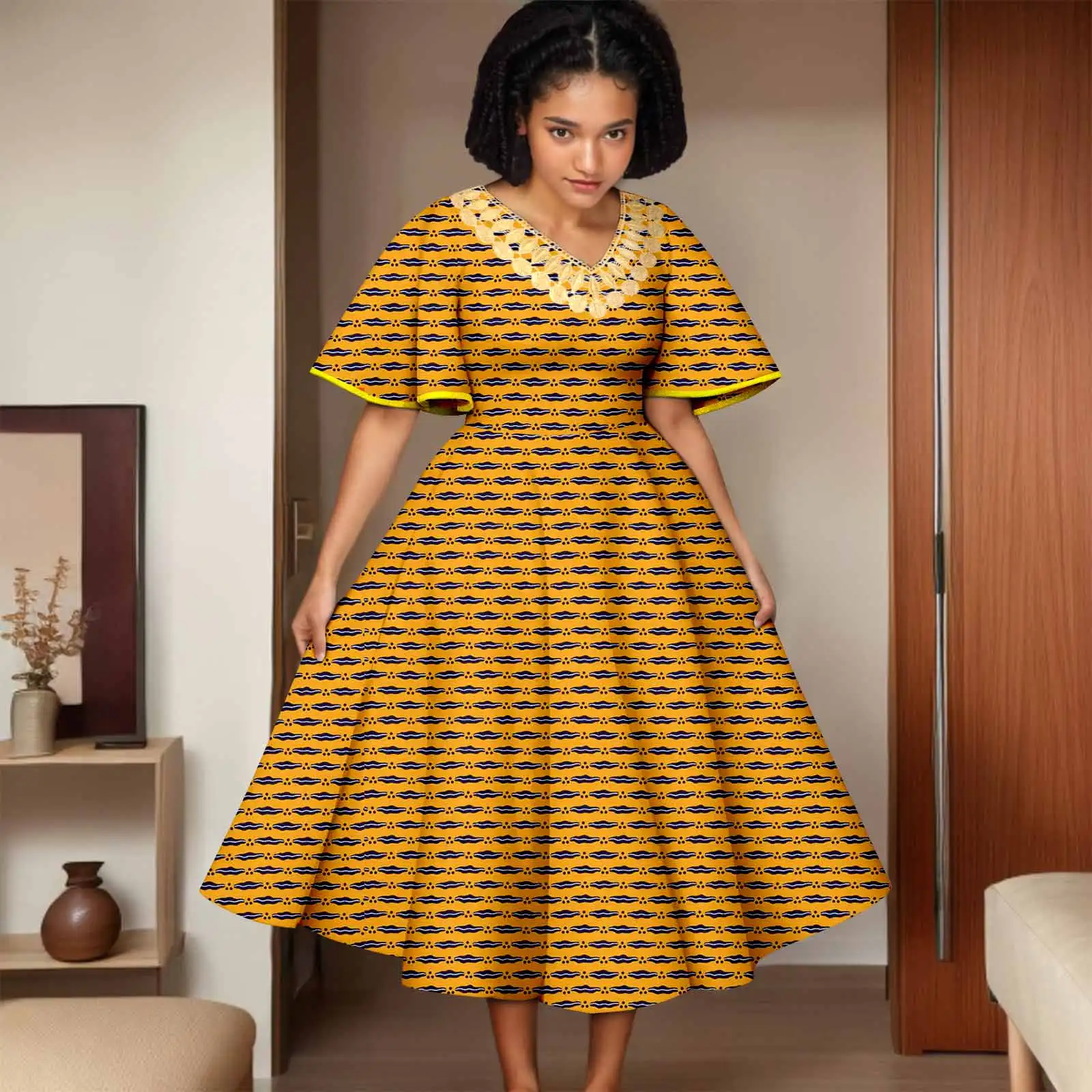 

Afripride African Women's Dress Sexy V Neck Ruffle Sleeve Neckline Stamped Embellishment 2525035