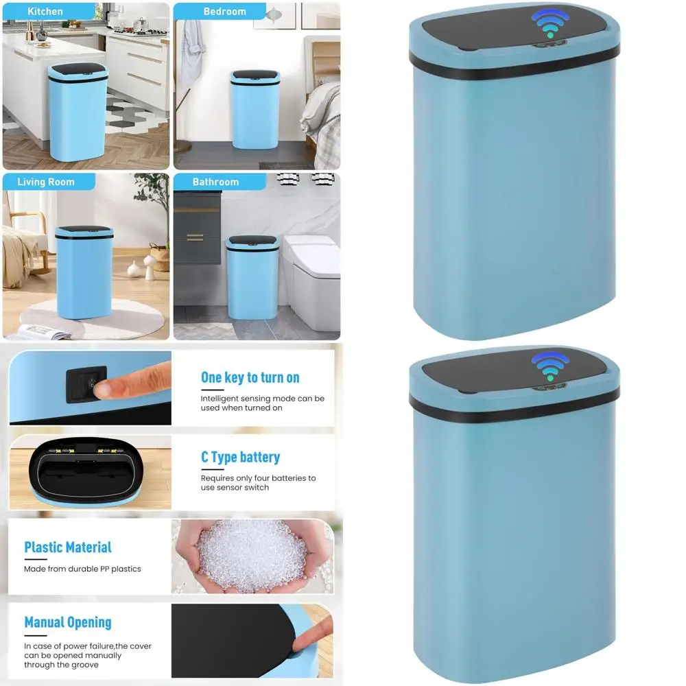 

13 Gallon Touchless Sensor Trash Can, 50L Hygienic Waterproof Kitchen Waste Bin with Odor Control, Blue PP Plastic