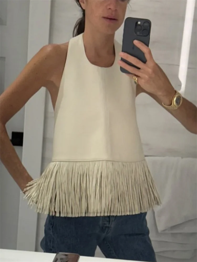 Women's Backless PU Leather Tank Top with Tassel Detail
