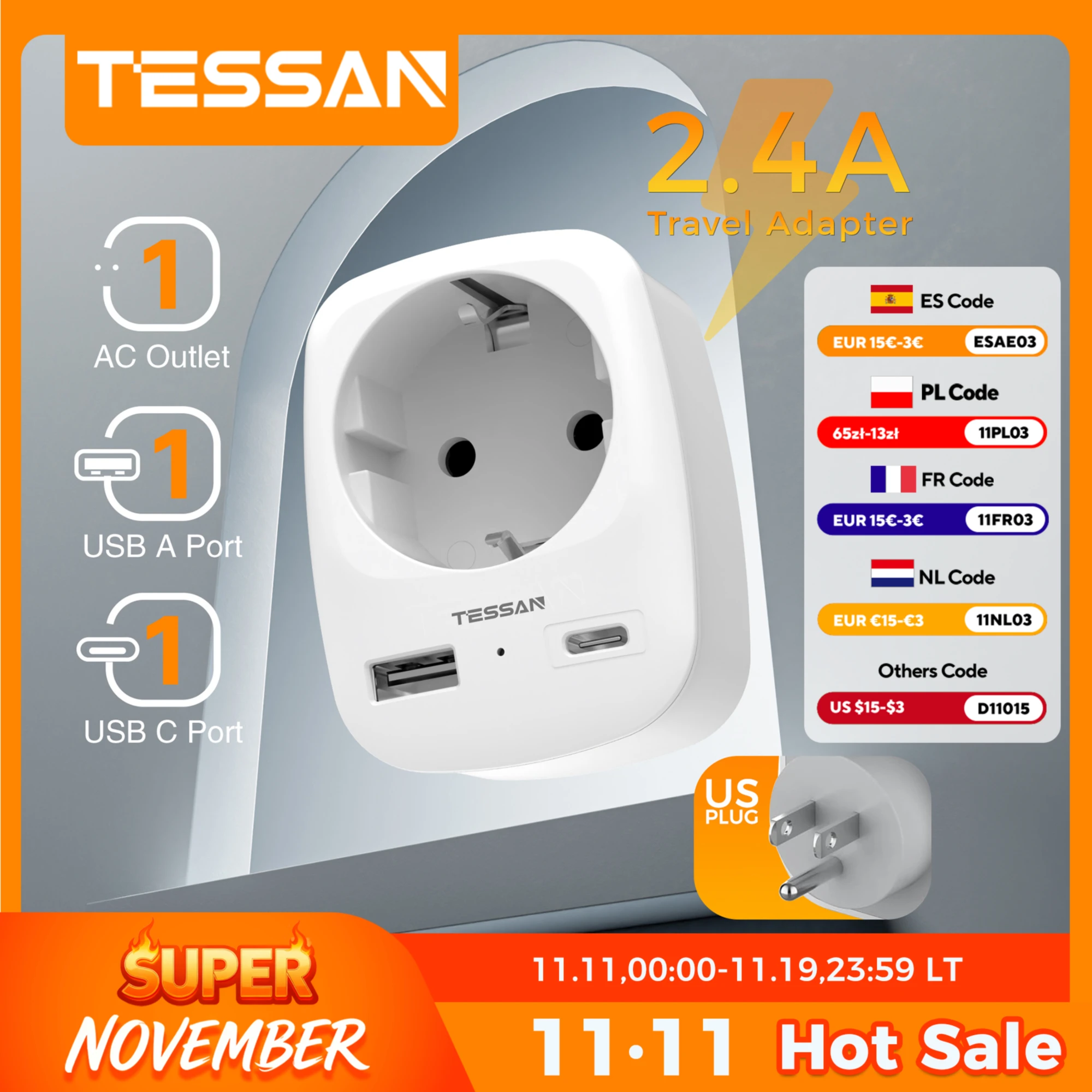 

Дорожный адаптер TESSAN, адаптер США, американская европейская вилка с разъемом USB C 3A, дорожный адаптер питания для Канады, Мексики