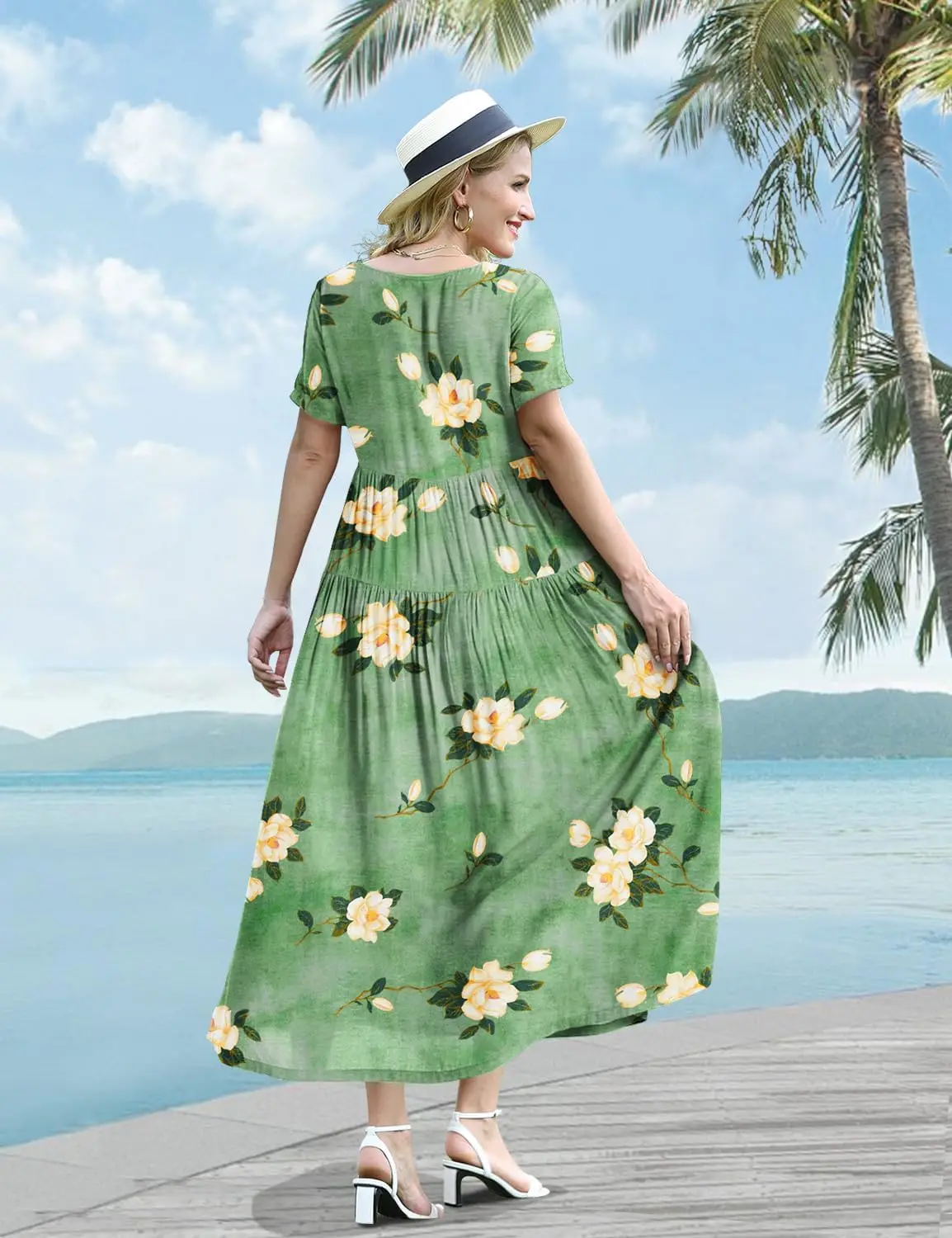 Women Casual Loose Bohemian Floral Dress With Pockets Short Sleeve Long Maxi Summer Beach Swing Dress Ejf