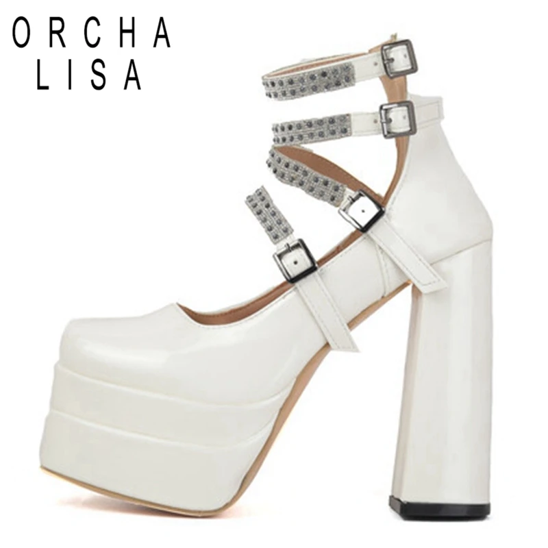 

ORCHA LISA Sexy Bling Elegant Round Toe Women Sandals 14cm Thick Block Heel 5cm Platform 3 Buckles Party Big Size 42 43 Silver