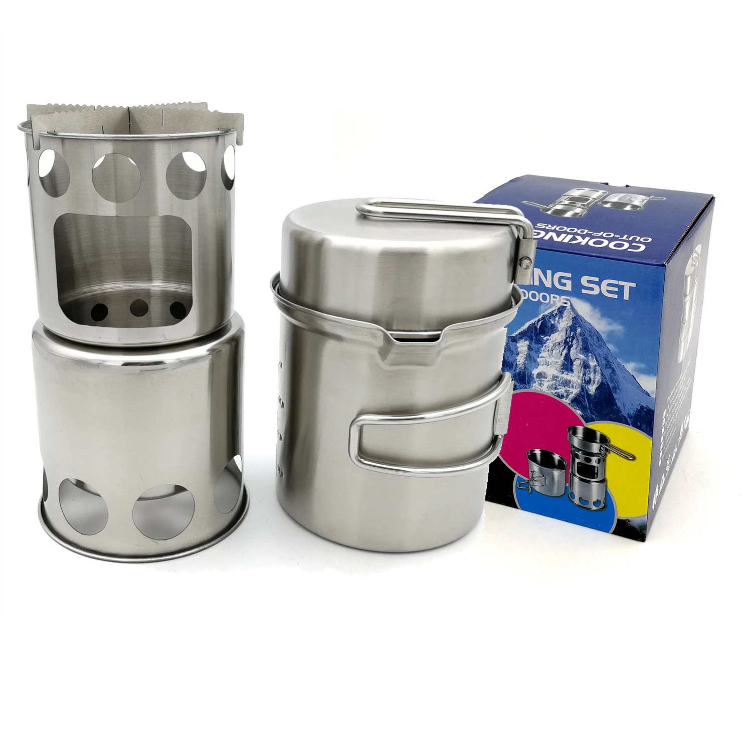 재고 있음 뜨거운 판매 야외 스테인레스 스틸 휴대용 장작 스토브 세트 냄비 세트 캠핑 접는 방풍 장작 스토브