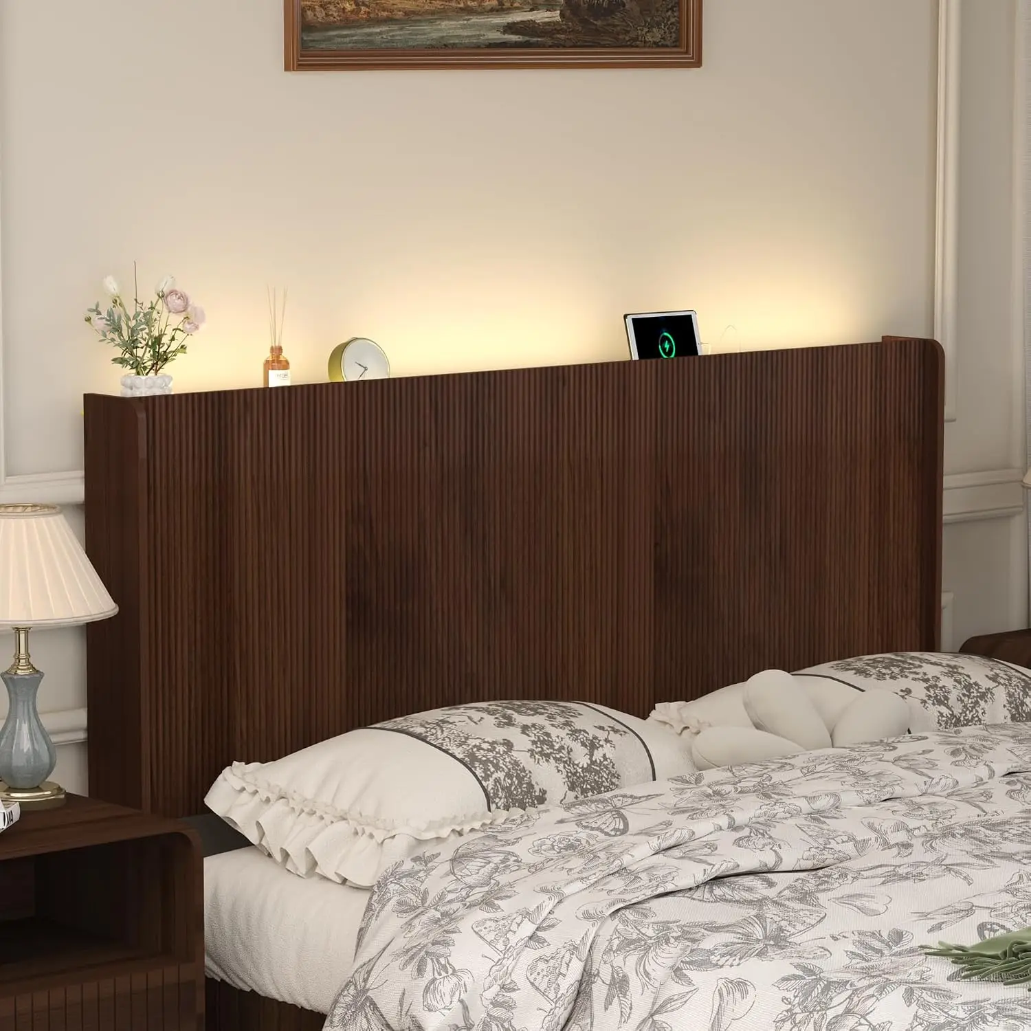 Queen Wood Headboard with Charging Station & LED Lights, Modern Fluted Wall-Mounted Adjustable Height Bedroom, Customized