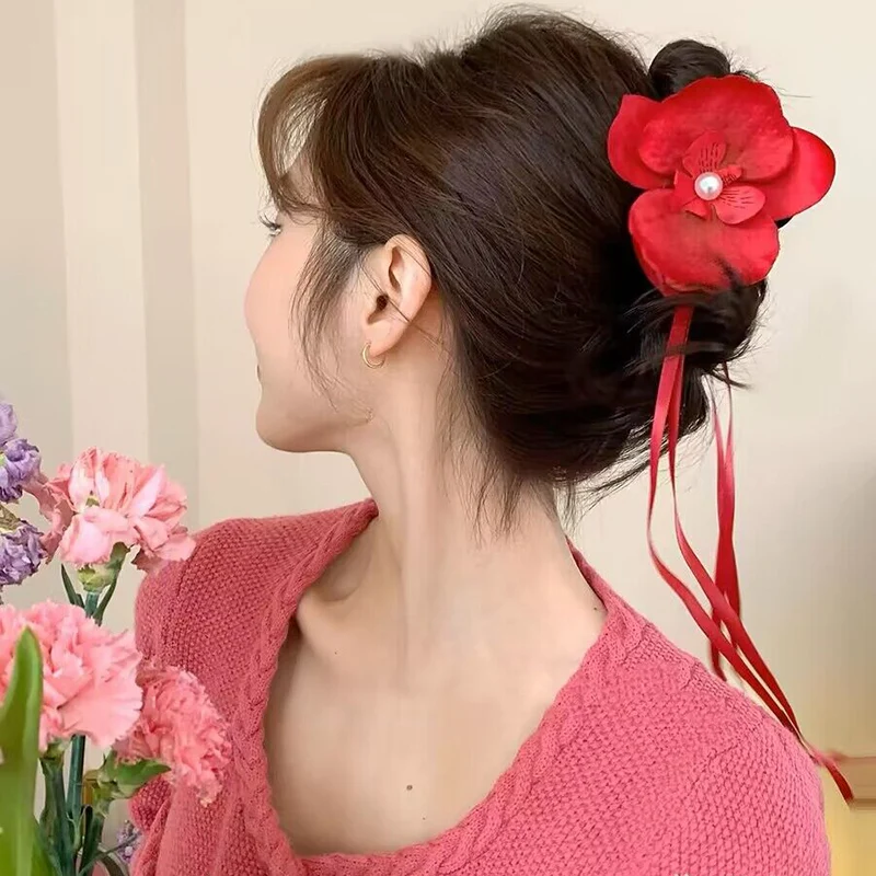 Elegant Floral Orchid Hair Claw Clip Vintage Ribbon Long Tassel Hairpin Barrettes Girl Korean Ponytail Hair Accessories Headwear