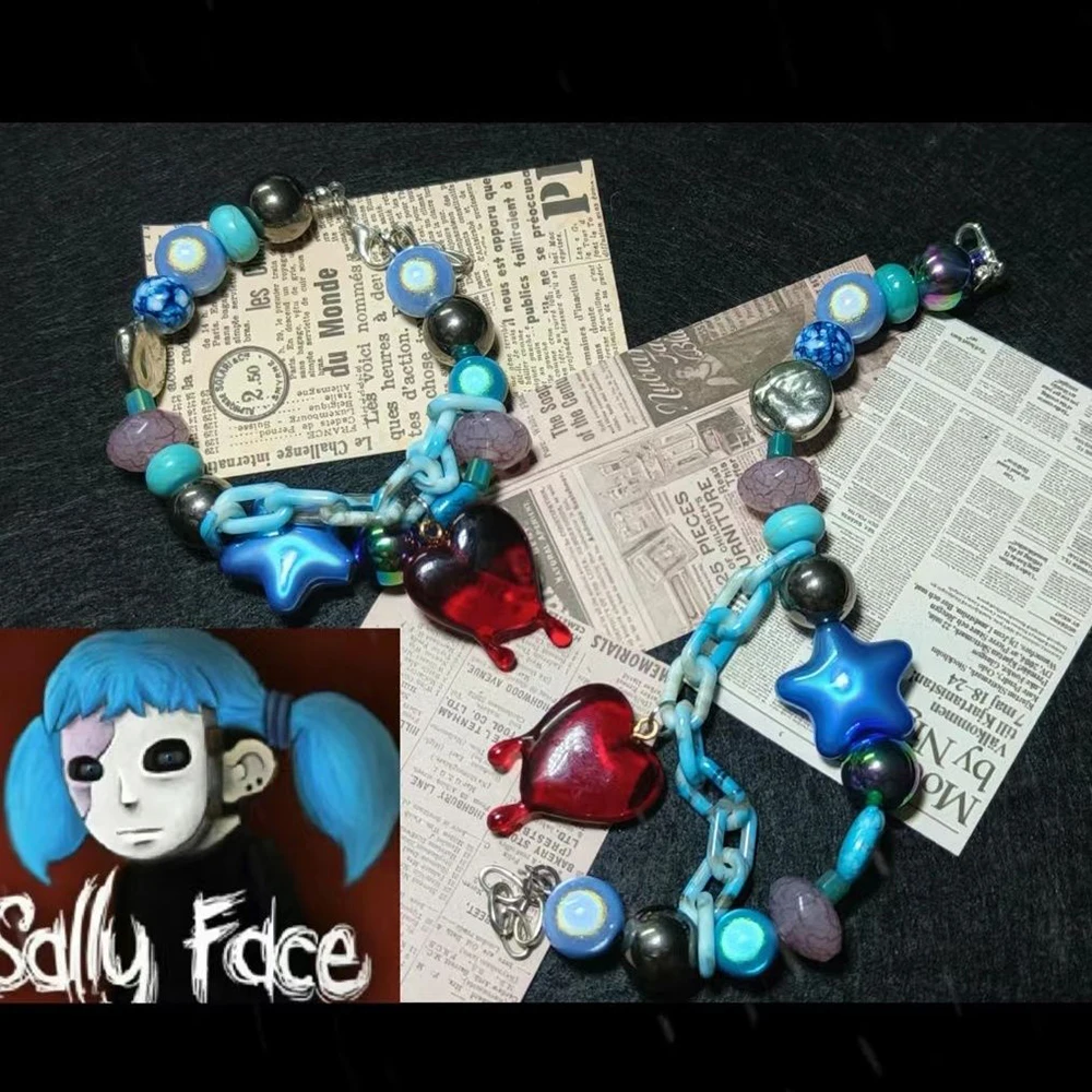 Game Sally Face Cosplay Bracelet Heart Shaped Pendant Bead Bangle Couple Jewelry Blue Hand Chain Xmas Accessories