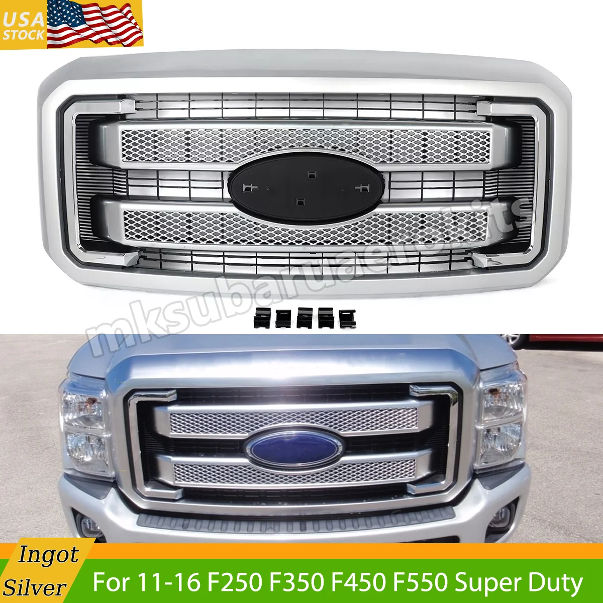 Ingot Silver UX Front Grille For 2011-2016 Ford F250 F350 F450 F550 Super Duty Platinum Style Front Upper Bumper Grille Magickit