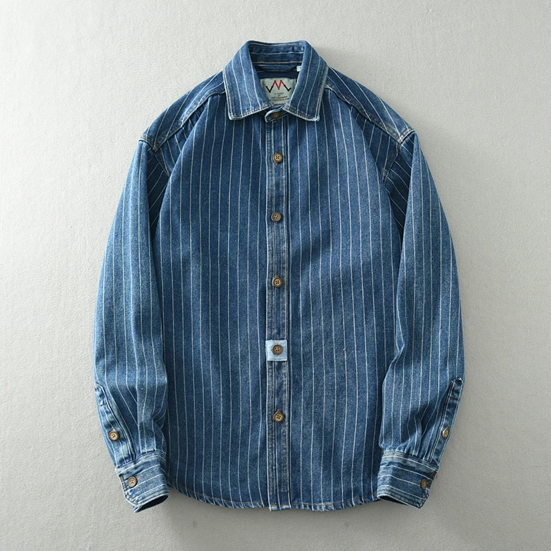 Spring And Summer New American Retro Men's Striped Washed Make Old Casual Denim Shirt Fashion Trend Loose Casual Tops