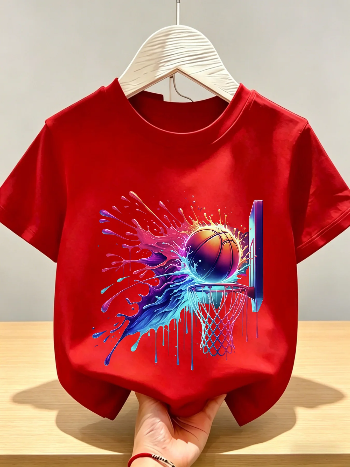 Watercolor Splashed Ink Basketball Print Children's Round Neck Fashionable Children's Top Personalized Parent-child Outfit