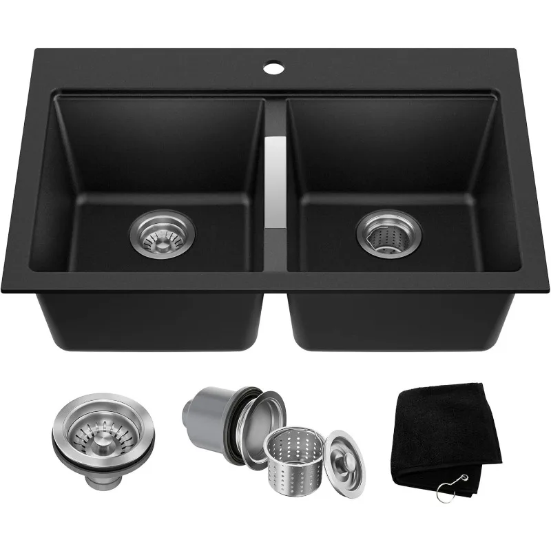 

ZZH Quarza 33-inch Drop-In/Undermount 50/50 Double Bowl Granite Kitchen Sink in Black Onyx, KGD-433B