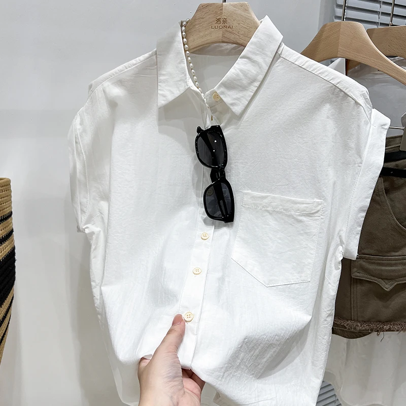 Summer Turn Down Collar Shirt Woman Casual Single-Breasted Loose Blouse 2024 Women Vintage Solid Color Street Sleeveless Shirts