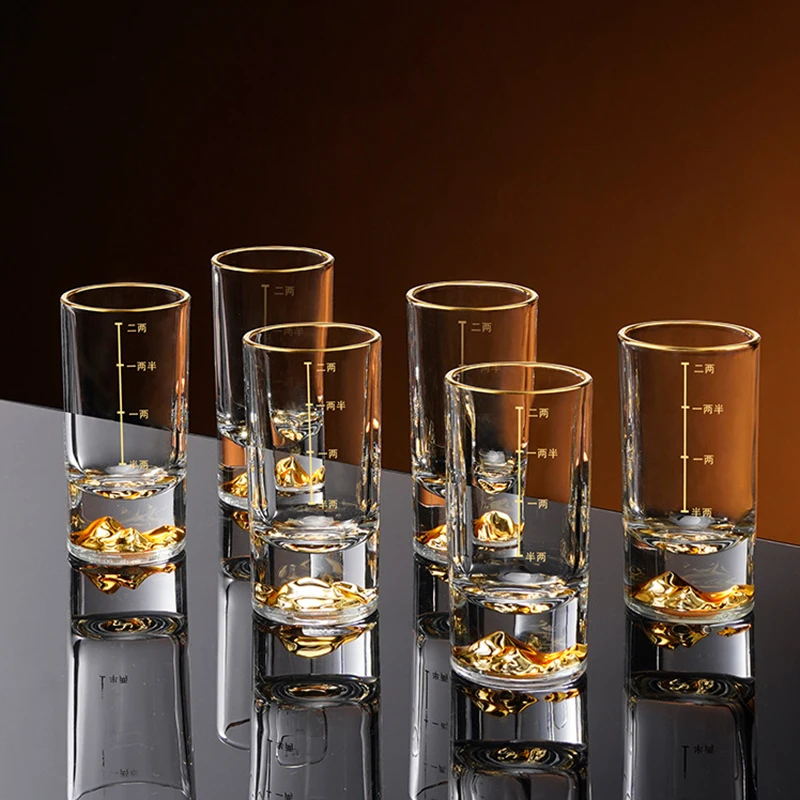 100ml 6pcs Set Classic Whiskey Brandy Glasses Thick Bottomed Golden Mountain Glass Transparent Liquor Cup with Golden Scale Line