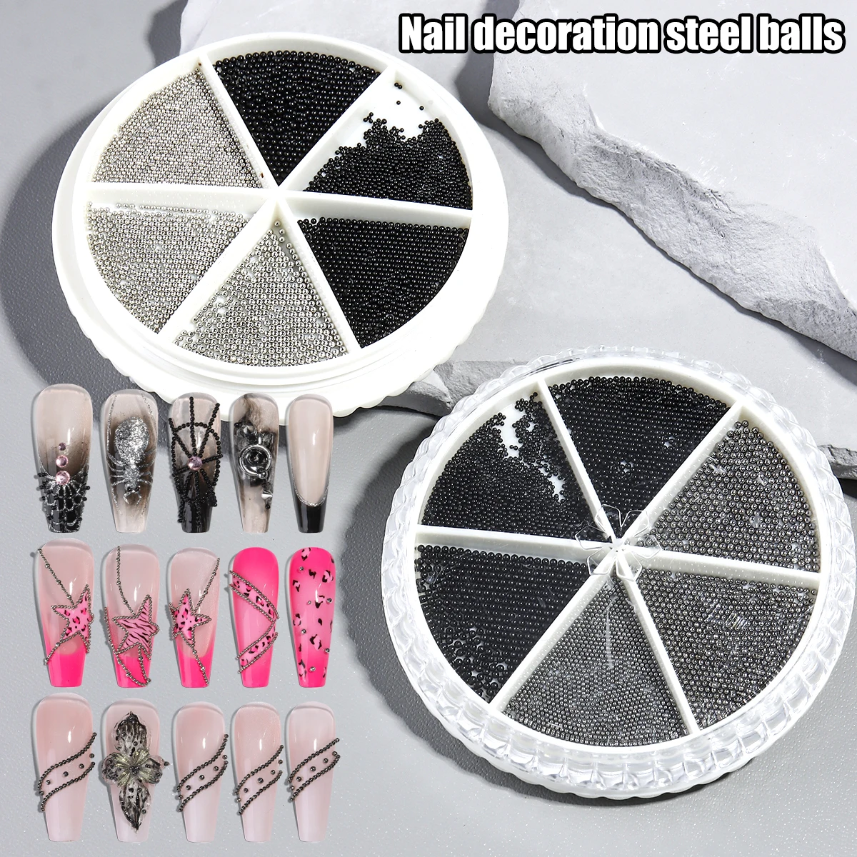 Ultra-fine Mini Steel Bead Nail Art Accessory Set, Containing Silver, Gray, and Black Steel Beads for DIY Nail Art, Mixed Sizes
