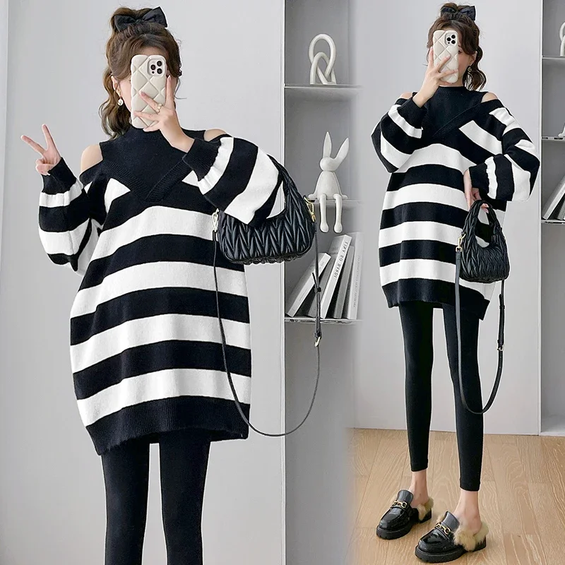 Pregnant Women's Off Shoulder Stripes Fake Two-piece Sweater