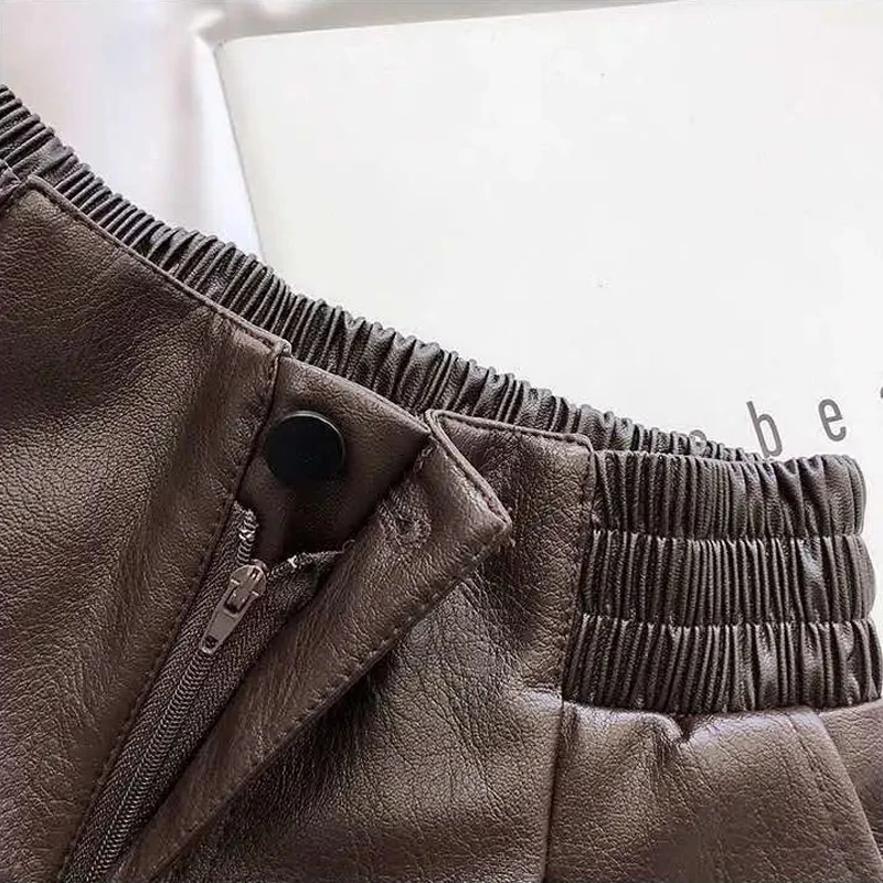 Spring Autumn New Elastic Waist Loose Leather Shorts Solid Color All-match Zipper Wide Leg Pants Fashion Vintage Women Clothing