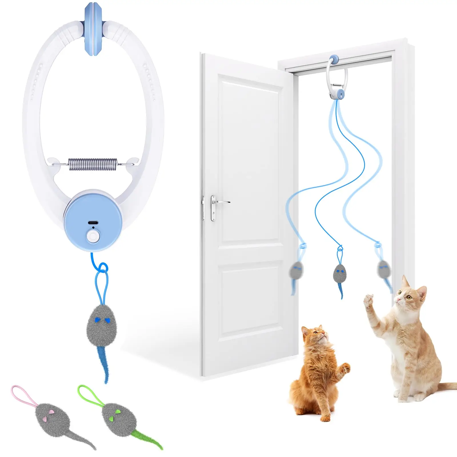 Jouet pour chat à accrocher à la porte, jouet rétractable pour chaton avec 3 souris à l'herbe à chat, jouet interactif pour animaux de compagnie pour chats d'intérieur - Blanc