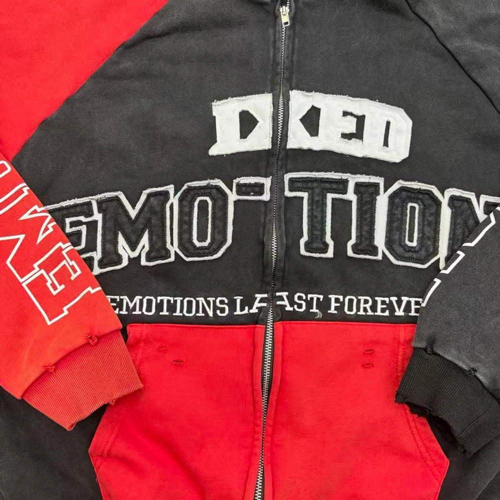 Vintage Streetwear Letter Embroidery Graphic Zip Up Hoodies Hiphop Street Style Cotton Oversized Casual Patchwork Sleeve Hoodies