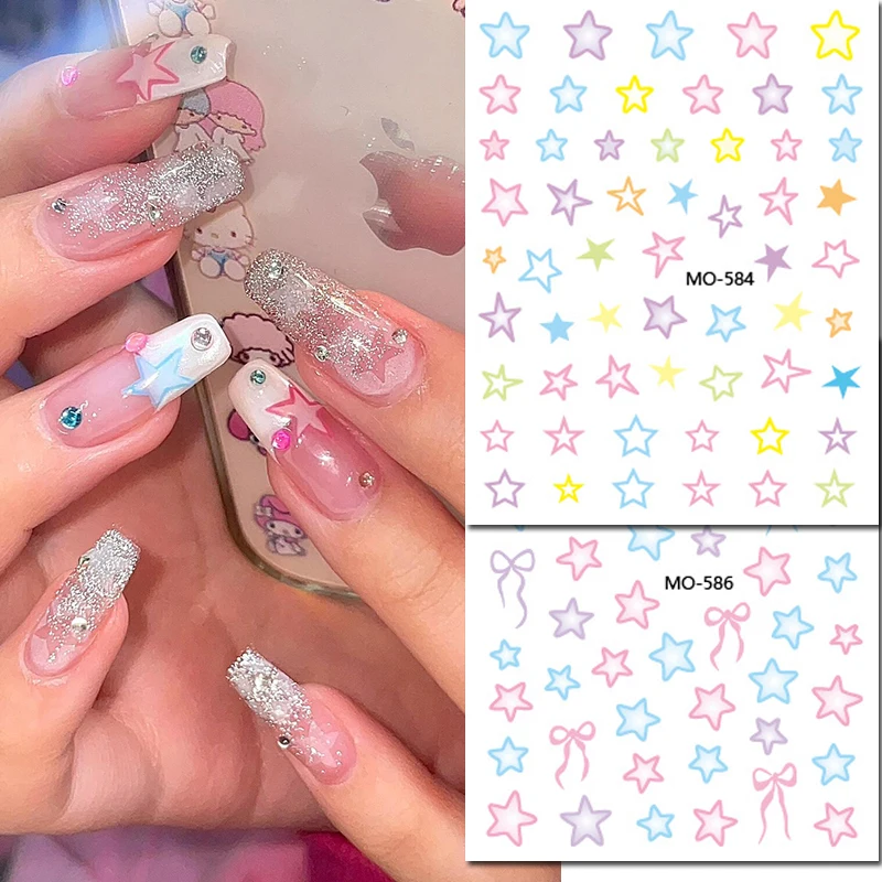 

5d Embossed Nail Art Stickers Candy Pink Blue Purple Irregular Hollow Stars Bowknots Sliders Decals Decorated Nail Manicures