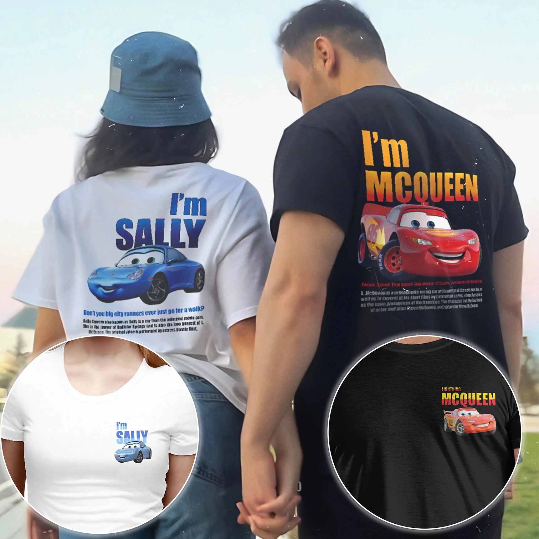 

Lightning Mcqueen and Sally T Shirt Valentines Day Gift For Couples Mcqueen Sally T-shirts Double-sided Print Tee For Men Women