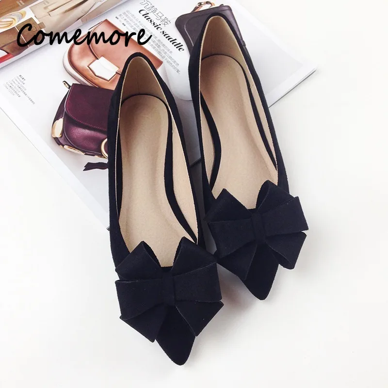 Comemore Women Wedding Shos Flock Leather Big Bowknot Solid Color Shallow Mouth Red 2023 Autumn New Bow Pointed Toe Flat Shoes