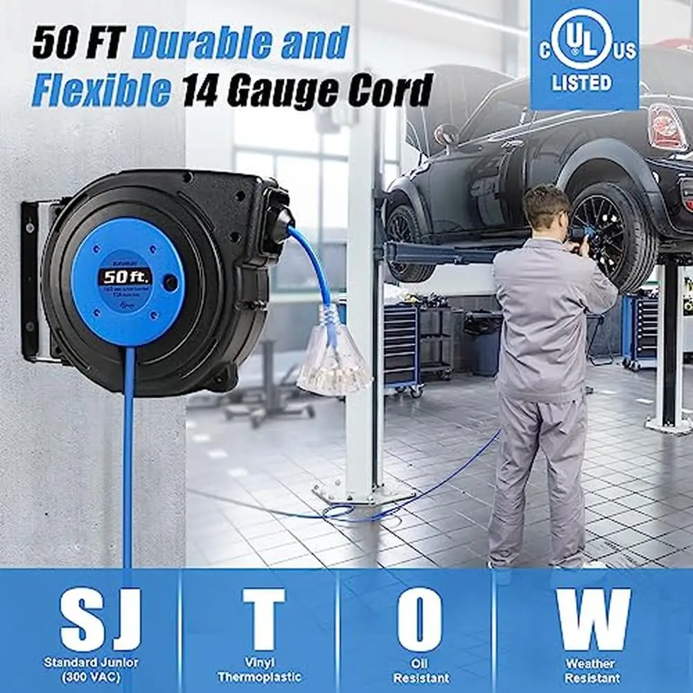 50 FT Retractable Extension Cord Reel 14 AWG SJTOW Power Cord 3 Outlets Triple Tap Circuit Breaker Ceiling/Wall Mount Durable