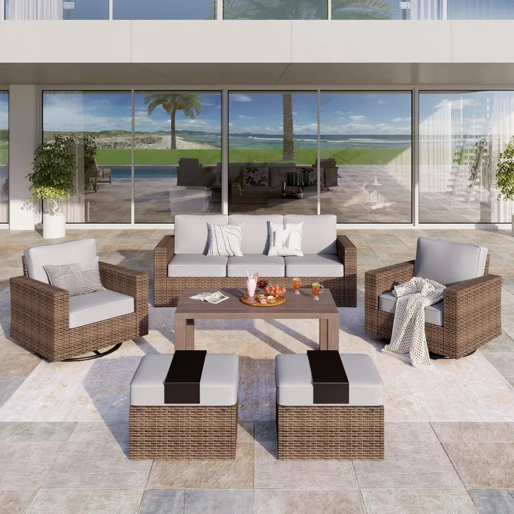 

Patio Furniture Set, 6 Pieces Outdoor Furniture Sets, Wicker Conversation Set with Swivel Rocker Chairs, Ottomans