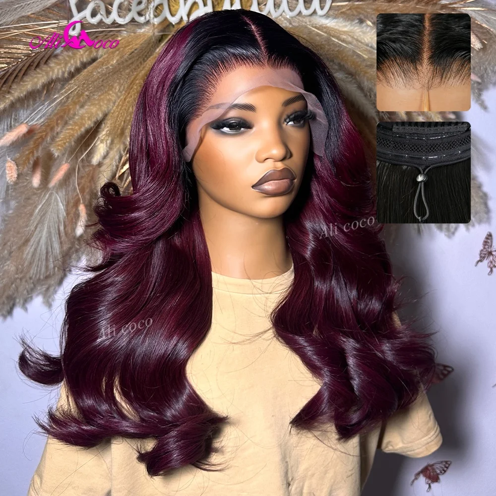 Drawstring with Tape Purplish Dark Red Ombre 200 Density Invisible HD Glueless Pre-cut Lace Front Wig Remy Human Hair Body Wave