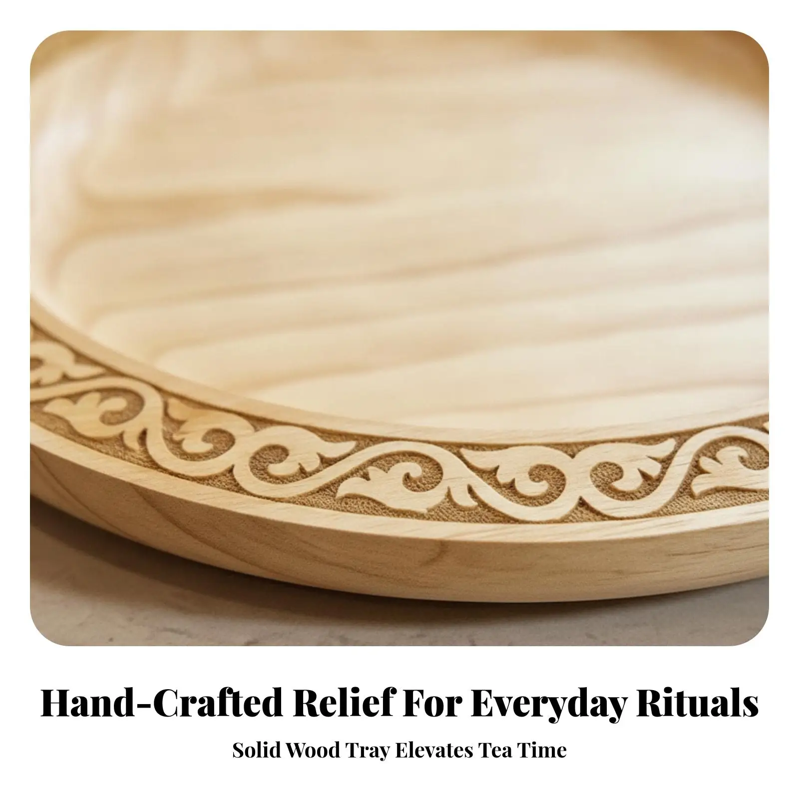 Wooden Decorative Plate Tray with Floral Carved Border for Serving Sweets and Drinks Elegant Home Accent