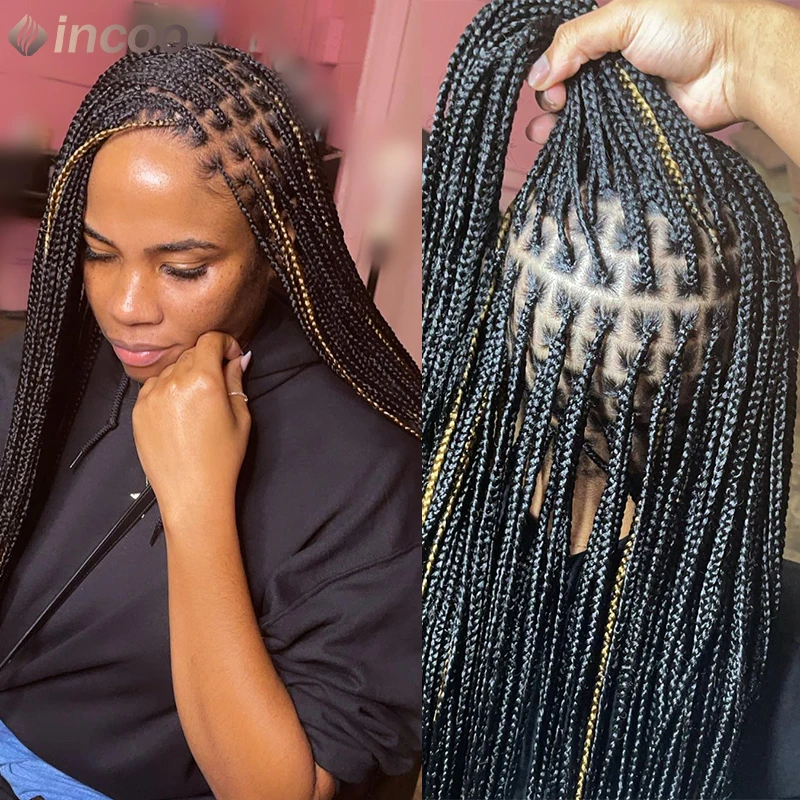 Synthetic Small Box Braided Lace Front Wigs 36" Full Lace Braided Wigs Cornrow Knotless Braided Wigs African Square Hair Wigs