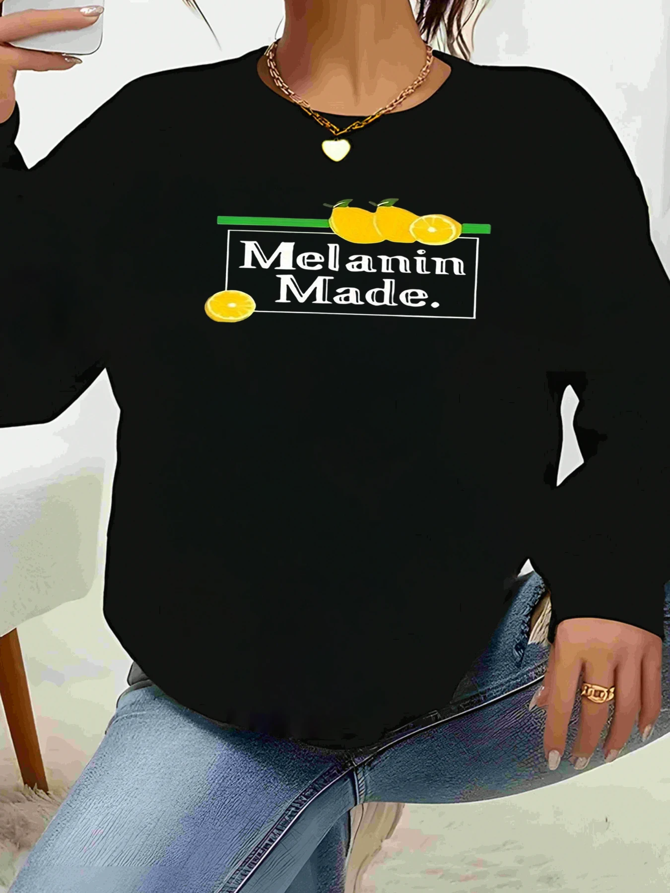 

Футболка с длинными рукавами и принтом лимона Melanin для женщин, повседневная одежда, повседневный стиль