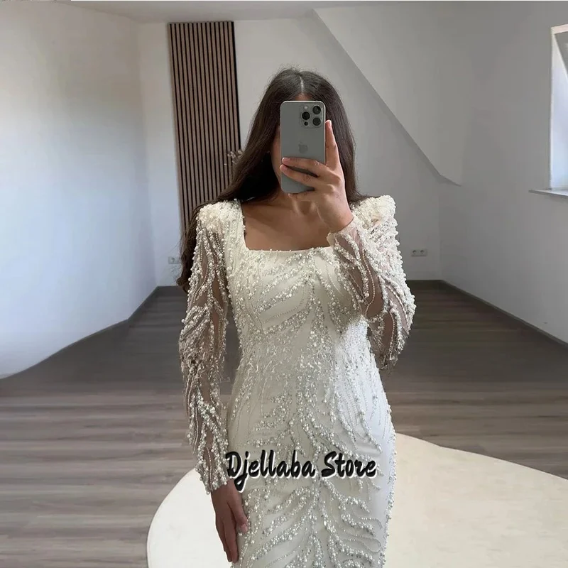 Robes de soirée de luxe pour femmes, pour mariage, manches longues, paillettes, dentelle, sirène, robe de soirée formelle, longueur thé, robe de bal