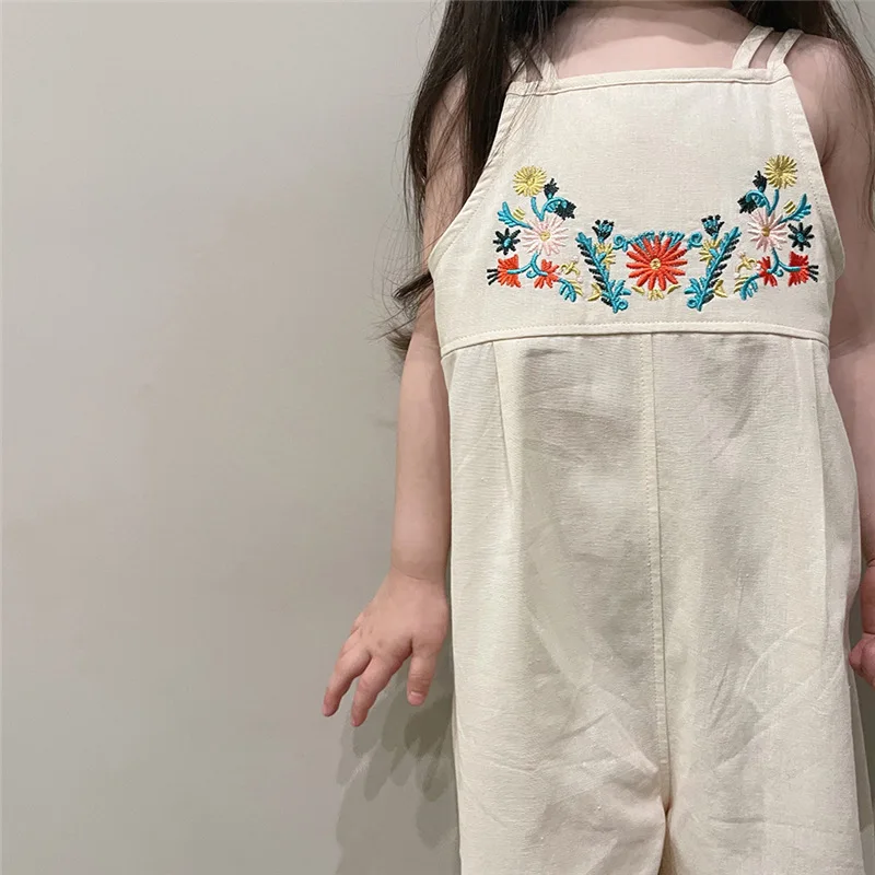 Spring Summer Girls flowers Embroidery overalls Baby girl cotton sling jumpsuit Kids clothes