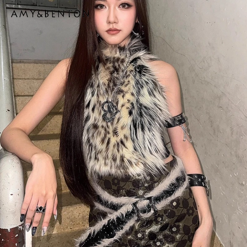 

Американский ретро-дизайн, модный плюшевый женский топ с леопардовым принтом для девочек, зимний универсальный короткий жилет без рукавов, женский