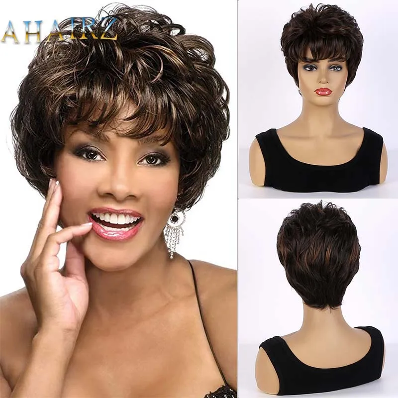 Women\'s Fashion Short Synthetic Wigs Pixie Cut Black Brown Ombre Hair Costume Party Wigs for Woman Fluffy Natural Curly Wavy Wig