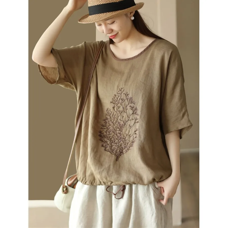 

Spring Summer plus Size Women's round Neck T-Shirt Embroidered Cotton Linen Base Shirt Chinese Style Artistic Commute Fashion