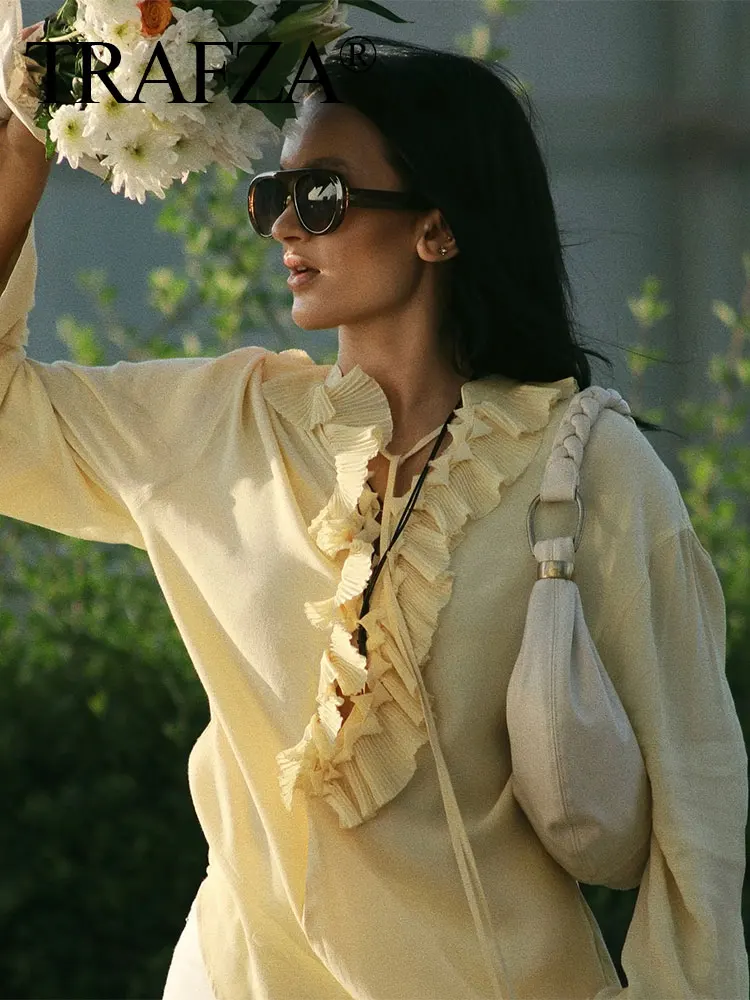 TRAFZA Camicie a maniche lunghe casual chic estive da donna Decorazione a strati giallo chiaro Camicette con lacci con scollo a V alla moda da donna