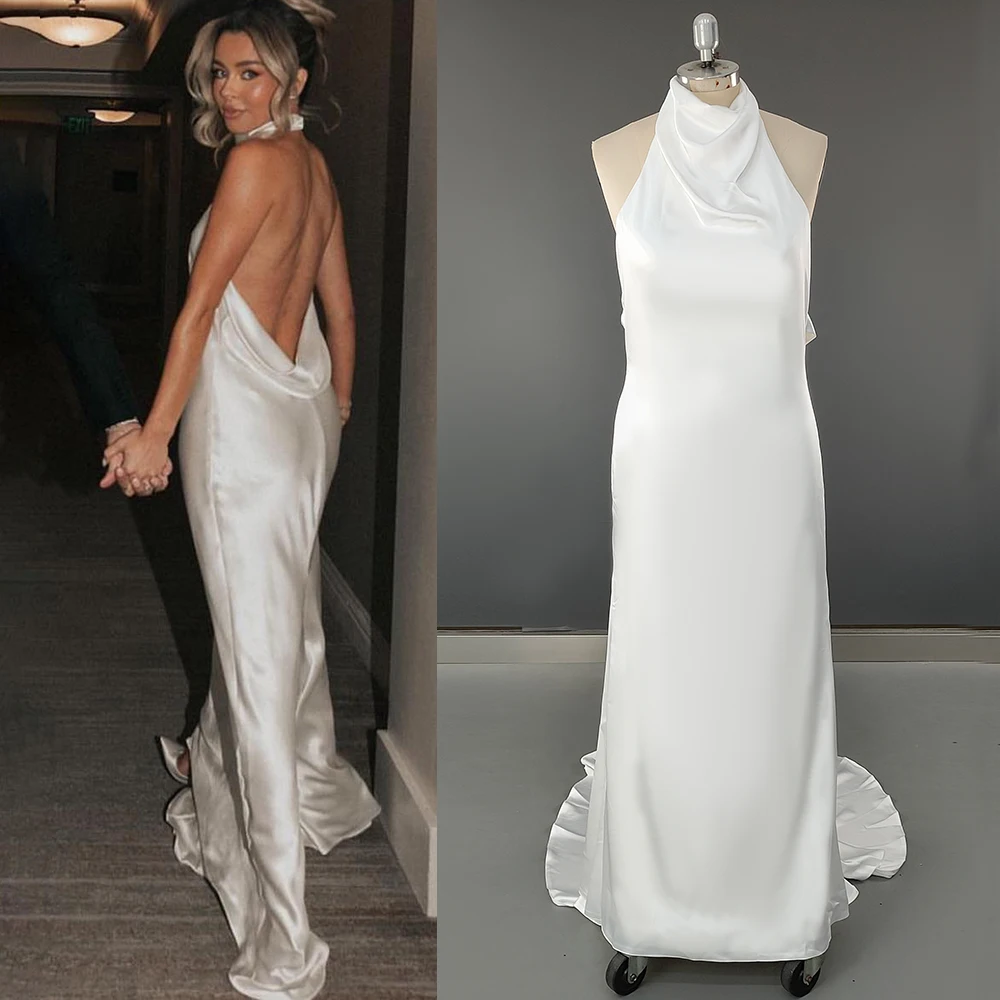 Low Cut Halter Open Back Silky Satin Bridal Gown Custom Made Simple High Collar Cowl Swoop Sexy Summer Wedding Dress Real Photos