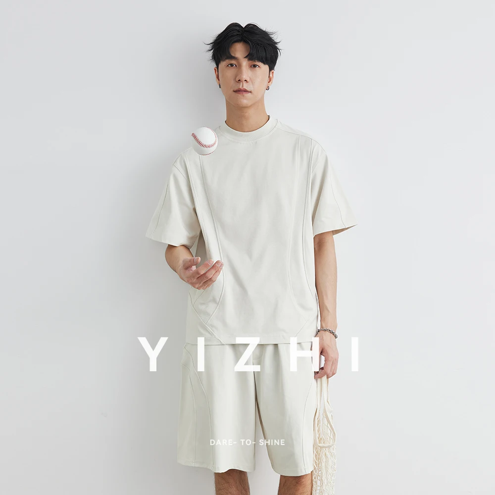 Men's Round Neck Solid Color T-shirt Drawstring Shorts Sports Leisure Loose Fashion Summer Cotton Half Sleeve Shorts Men Suit