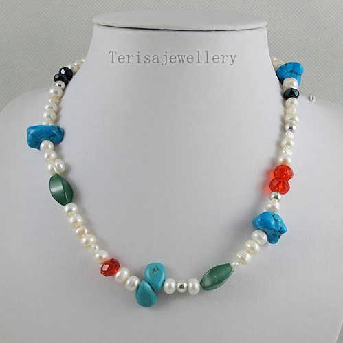 

Handmade Multicolor Jade Turquoise Crystal Beads Gemstone Necklace White Freshwater Pearl Necklacce Charming Women Gift