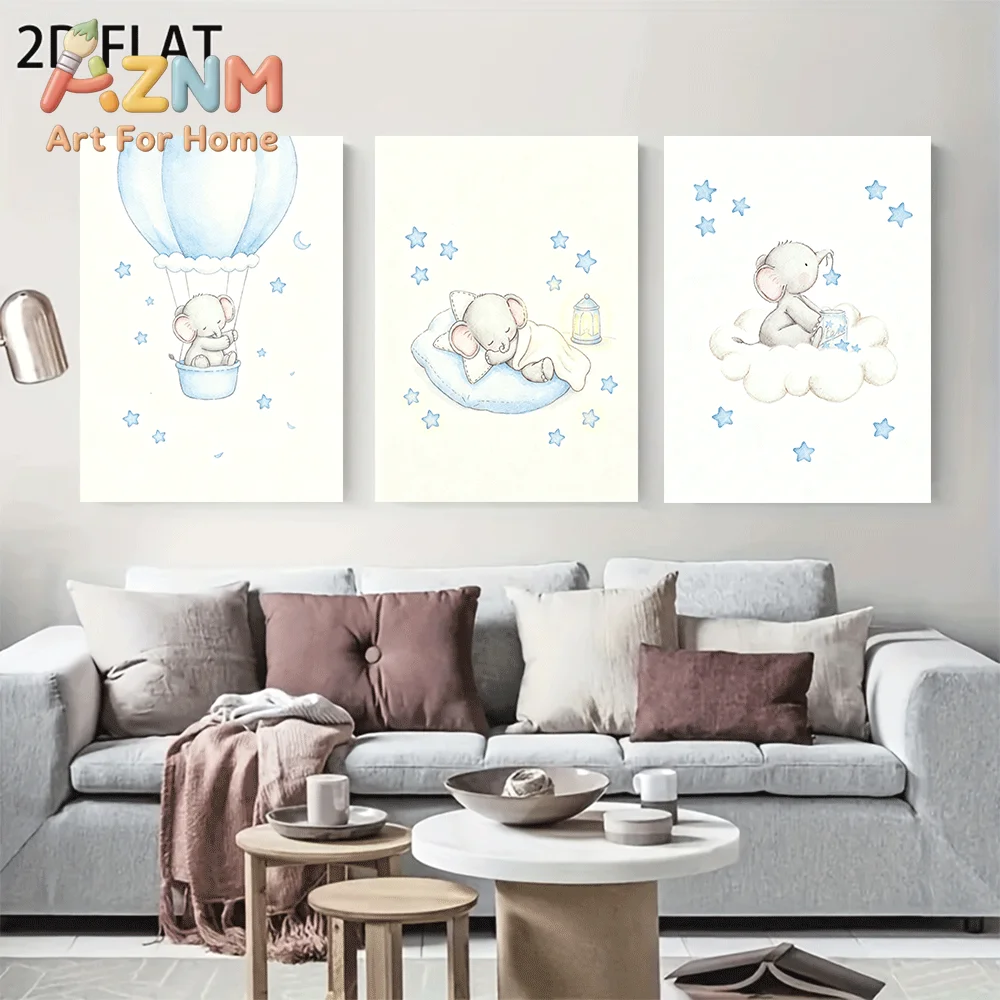 AZNM Frameless Canvas Wall Art, Watercolor Cute Baby Elephant Print, Blue Hot Air Balloon Star Cloud Art Poster for Boys Nursery