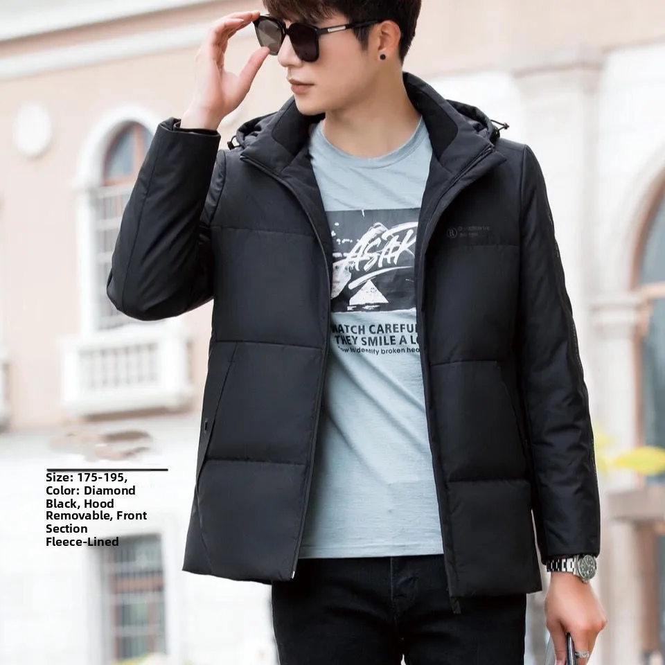 Jaket Bulu Angsa Pria Baru dengan Topi, Slim Fit, Model Terbaru, Modis, Bisnis, Putih, Bulu Angsa