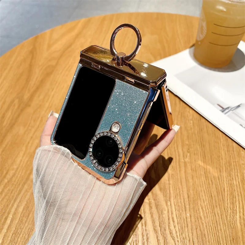Phone Case For OPPO Find N3 Flip Rhinestone Camera Edge Glitter Trim With Ring Electroplated Plastic Back Cover