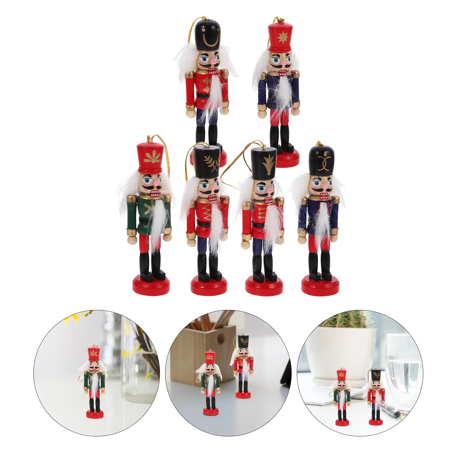 

6pcs Wooden Soldier Figurines Mini Christmas Tree Decoration Set Wood Nutcracker Ornaments Hanging Xmas Decor For Home Hotel