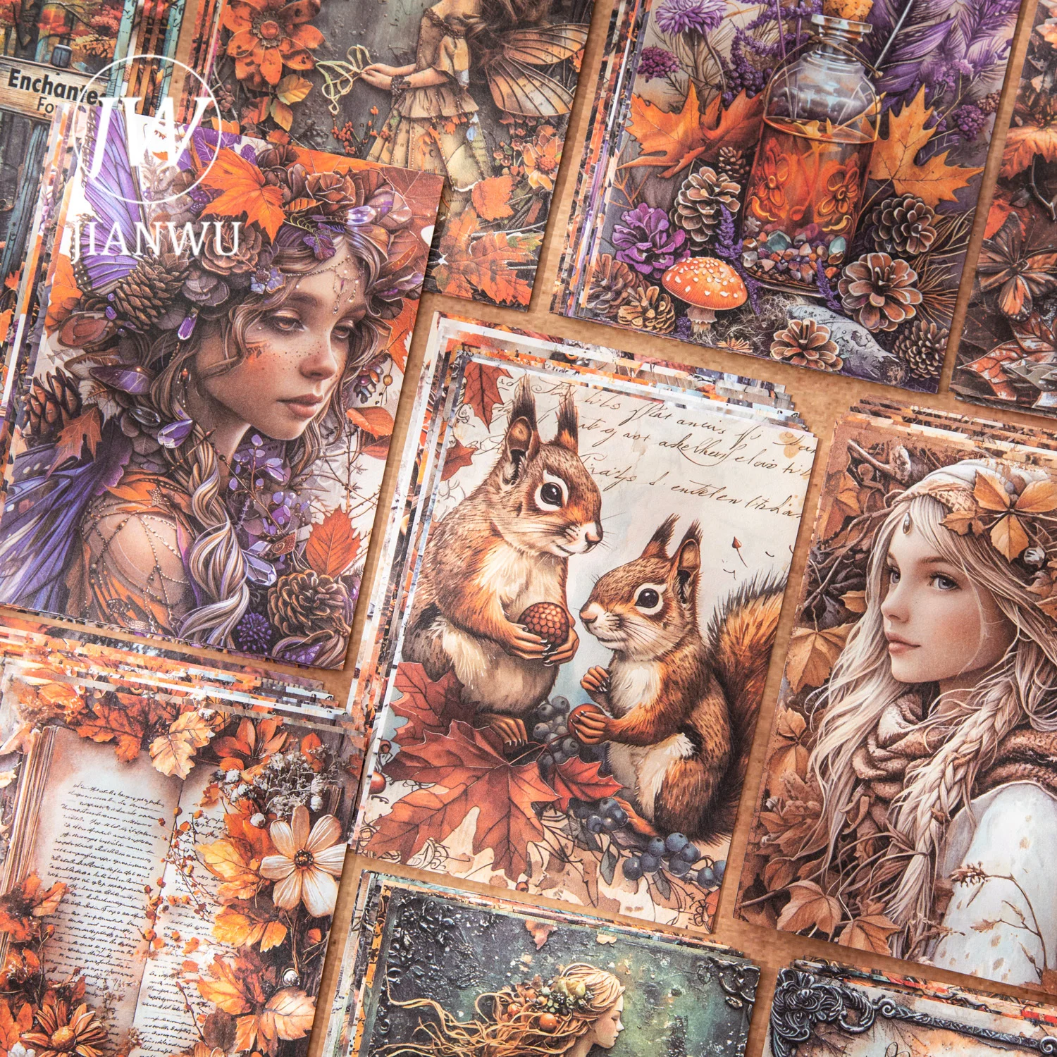 JIANWU Autumn Forest Memory Series Vintage Leaf Character Landscape Collage Scrapbook Material Creative Junk Journal Stationery