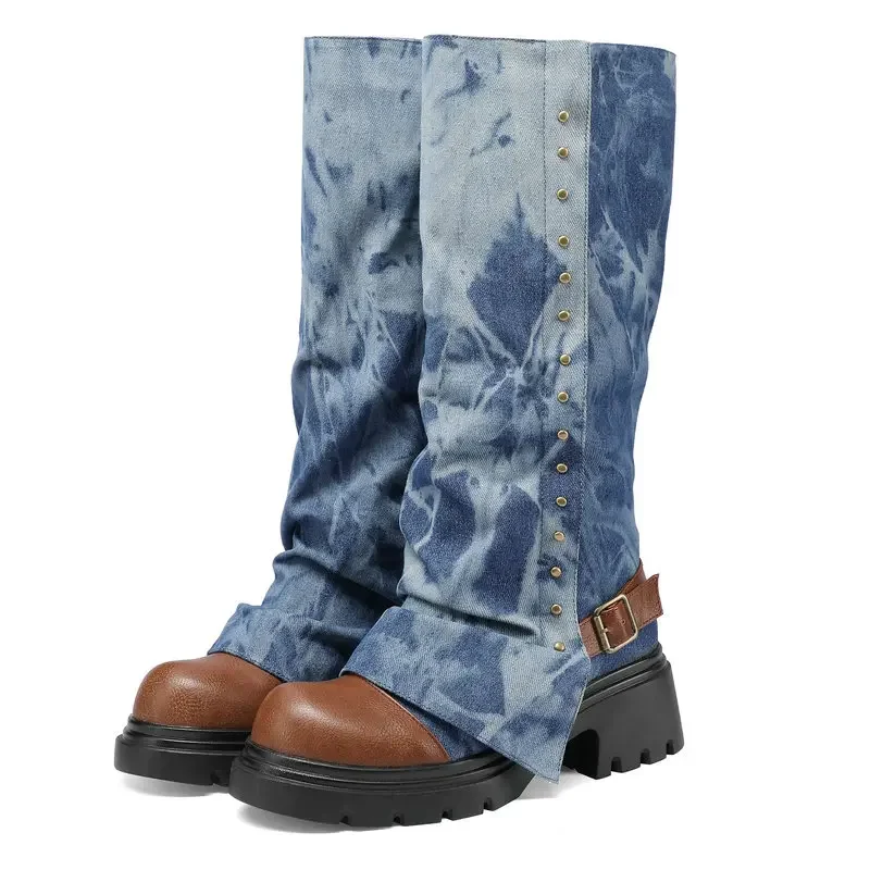 

Tie Dyed Denim Jeans Tube Pleated Women Winter Shoes Gradient Purple Green Blue Chunky Heels Mid-calf Western Goth Cowboy Boots