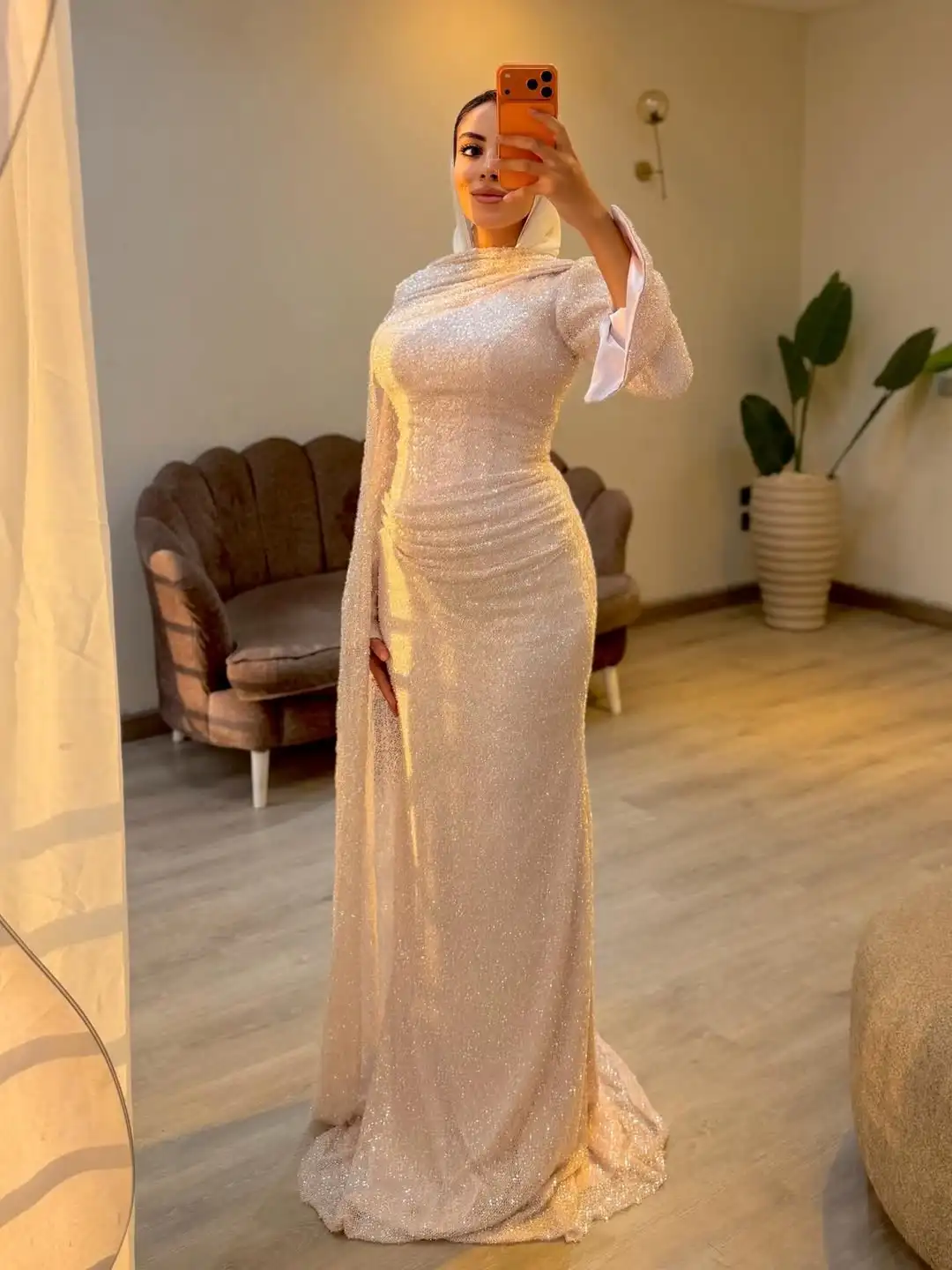 

Ofherown New Champagne Sequin Muslim Evening Dress Women High Neck Long Sleeve with Cape Floor Length Prom Gown Customized