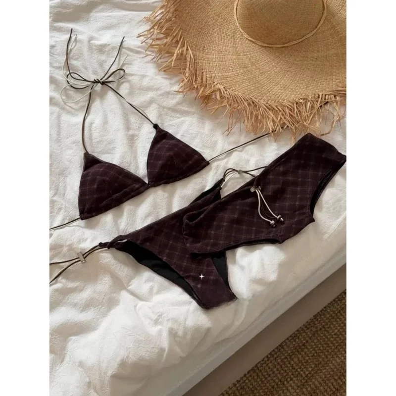 

Роскошный винтажный комплект бикини в клетку из двух частей: сексуальный летний купальник для спорта и фитнеса из полиэстера