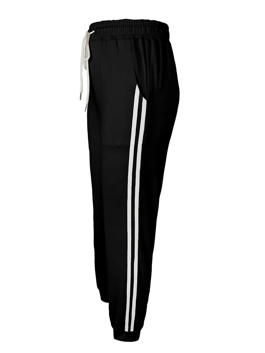 Damen Casual Jogginghose mit Kordelzug, Elastischem Hochbund, Schwarzen Seitenstreifen, Lose Haremshose, Streetwear Caprihose für den Herbst – Detail 5