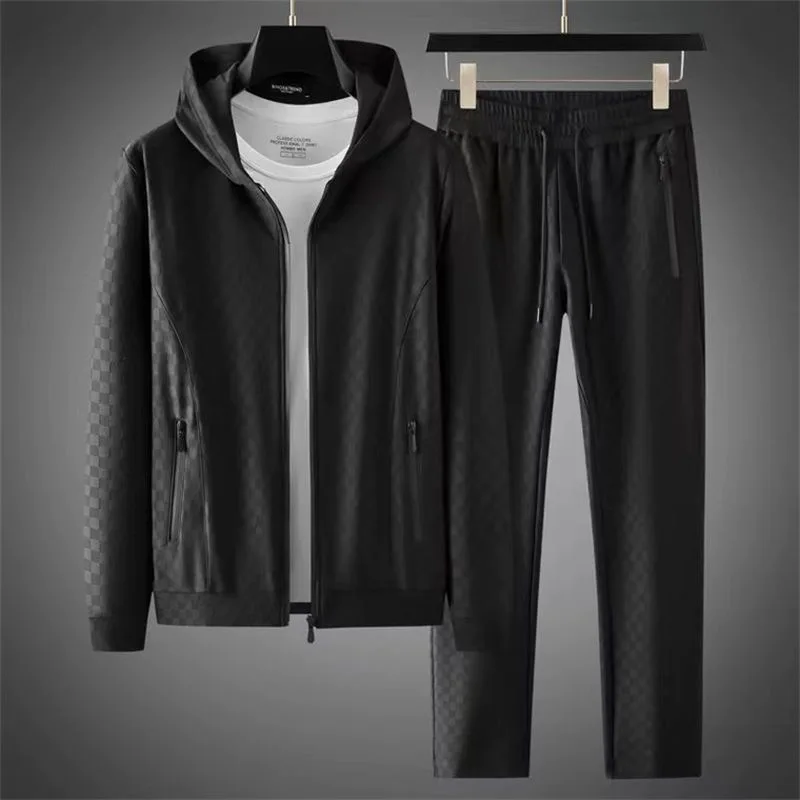 

2023 new High-end luxury autumn and winter dark jacquard hooded long-sleeved sweater casual suit men's trousers two-piece suit