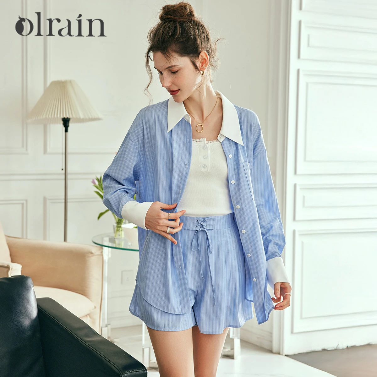 

OLrain Women 2 Piece Set Outfit French Blue Striped Fashion Shorts Sets 2025 Summer Loose Casual New in Matching Sets O57XE81336